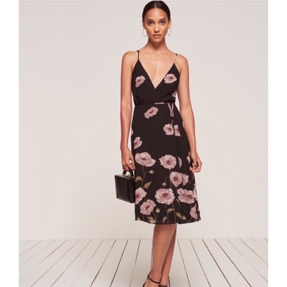 EUC Reformation Floral Pink Poppy Flower Temple Midi Wrap Dress Size '​​​​​​ - Picture 8 of 13